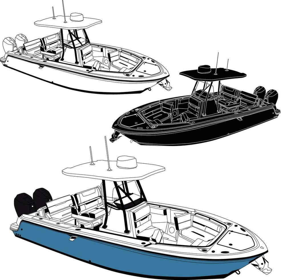 Boat vector, fishing boat vector line art illustration.