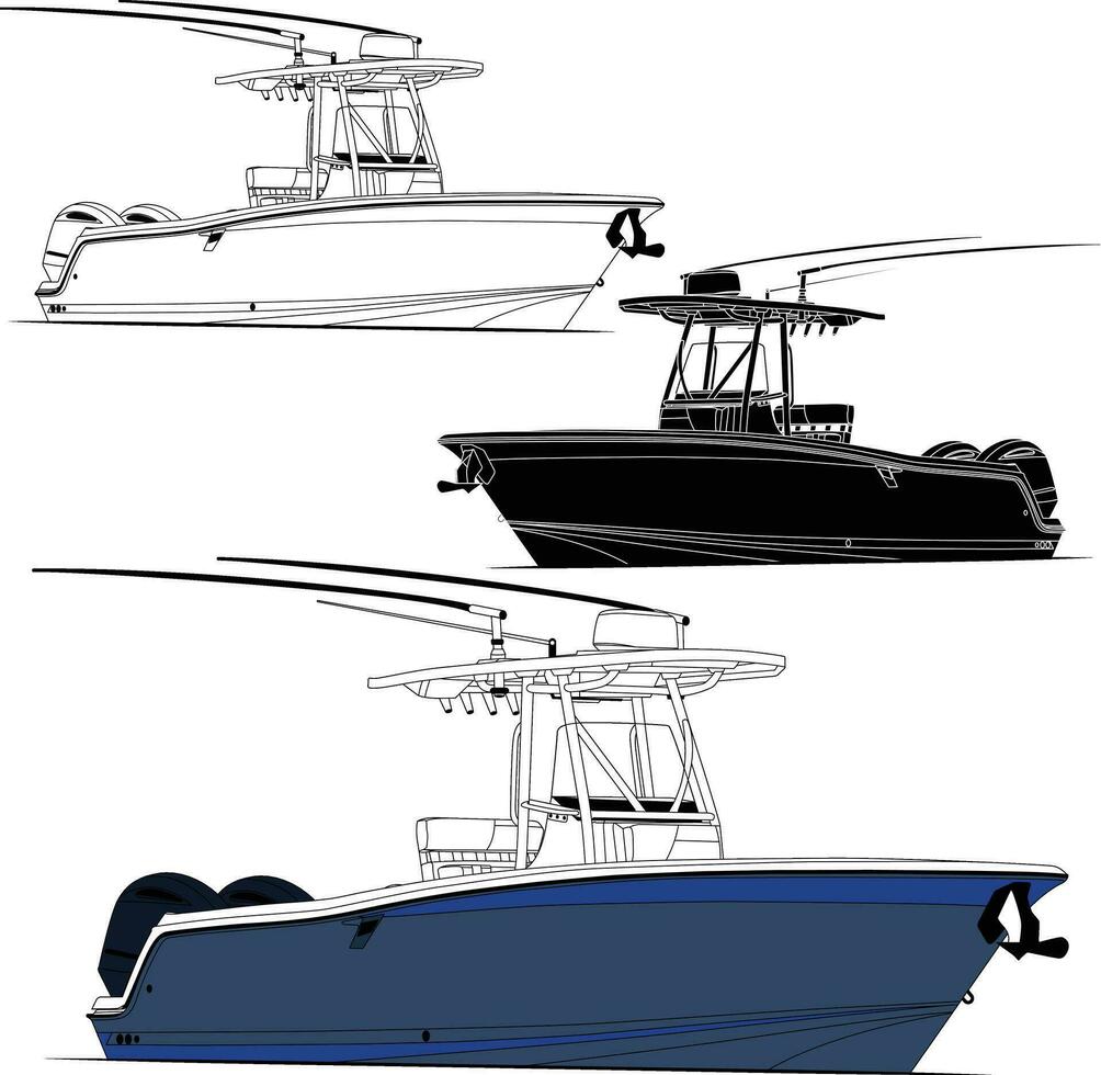 Boat vector, fishing boat vector line art illustration.
