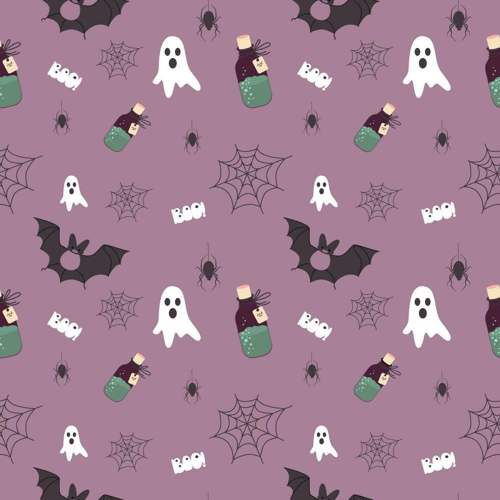 Vector Helloween seamless pattern witn ghost, boo, poison, bat, spider and web.