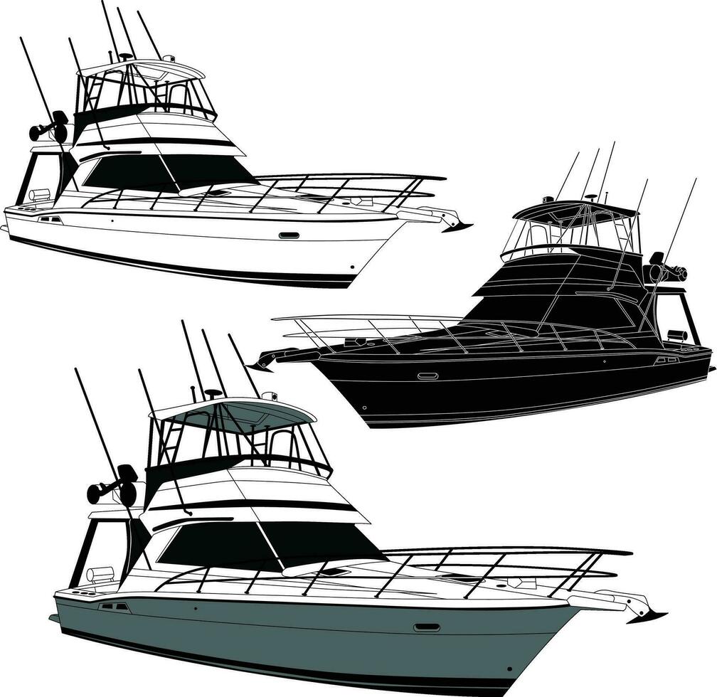 Yacht vector, high quality line art illustration white, black and color. vector