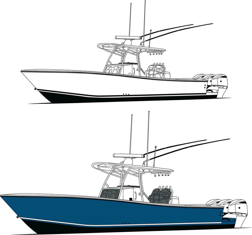 Boat vector, Fishing boat vector, Motorboat vector line art illustration.