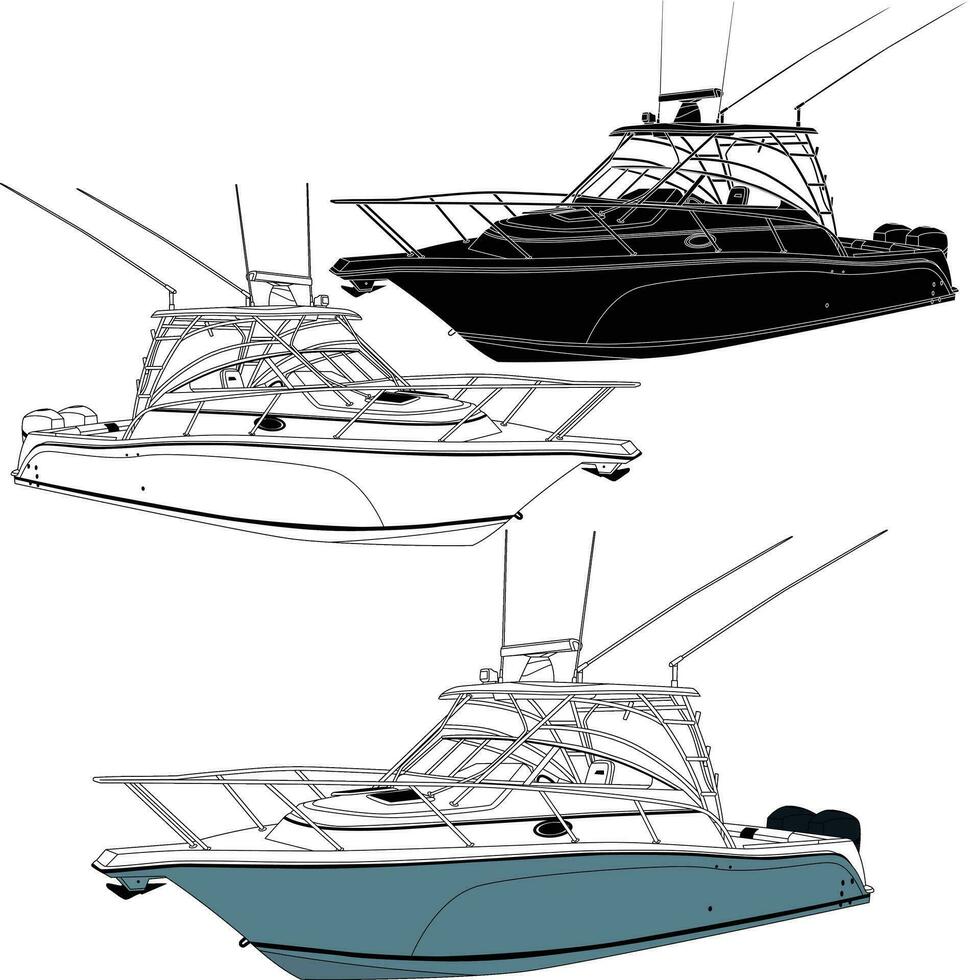 Vector sketch of the fishing boat line art illustration.