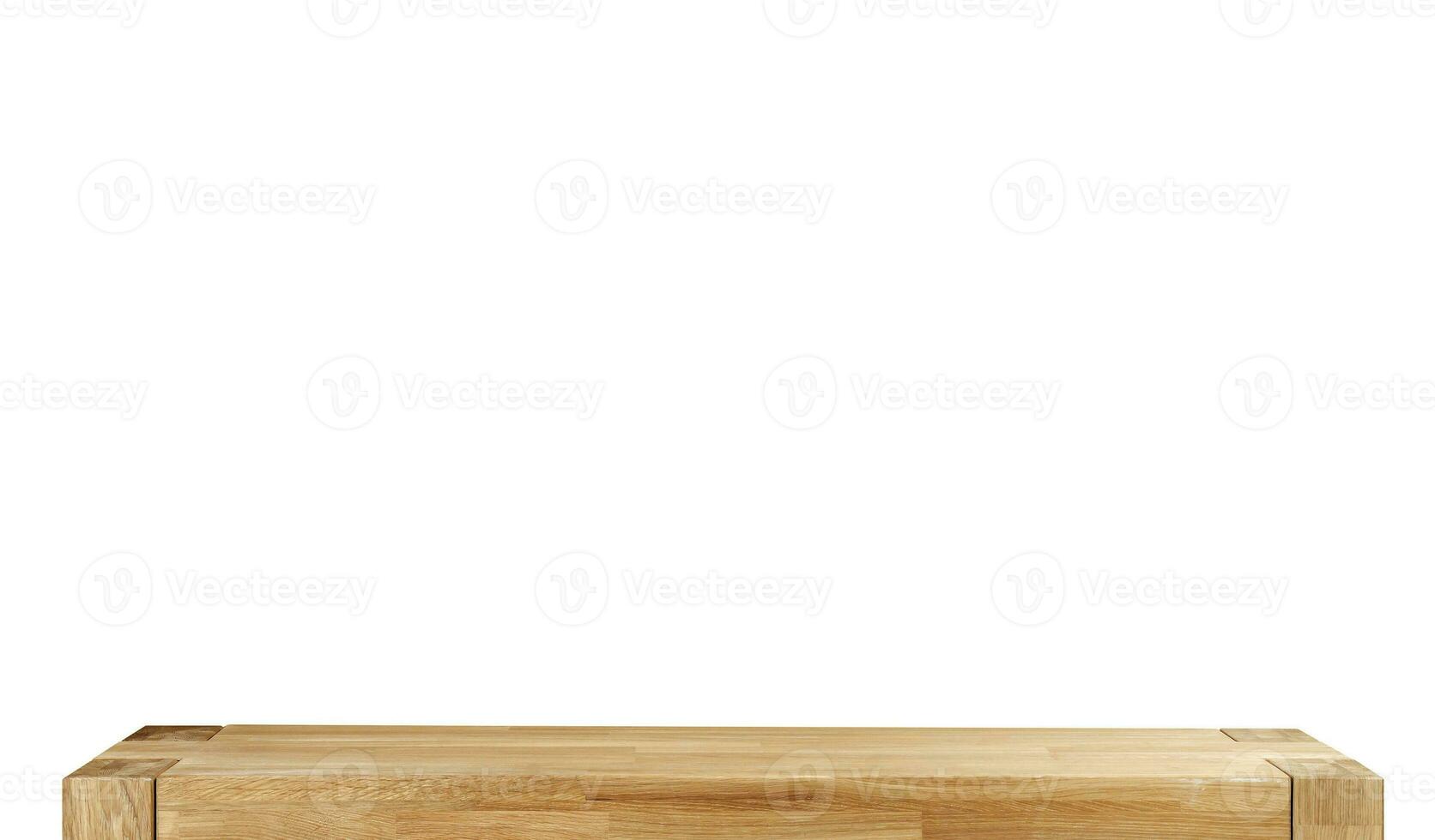 Wooden table top surface isolated over white background. Solid wood furniture close view 3D illustration. Empty table top cooking presentation template photo