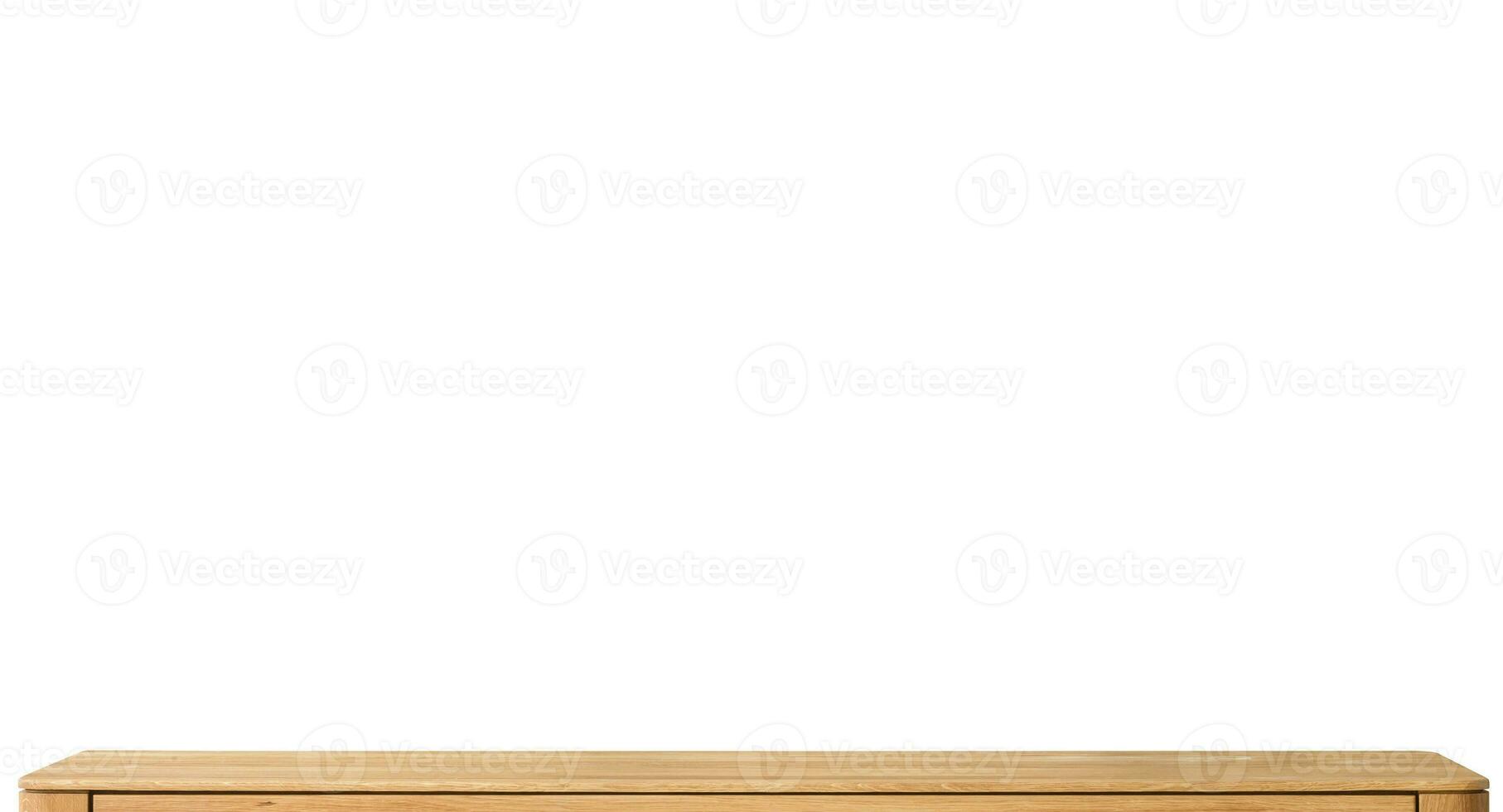 Wooden table top surface isolated over white background. Solid wood furniture close view 3D illustration. Empty table top cooking presentation template photo