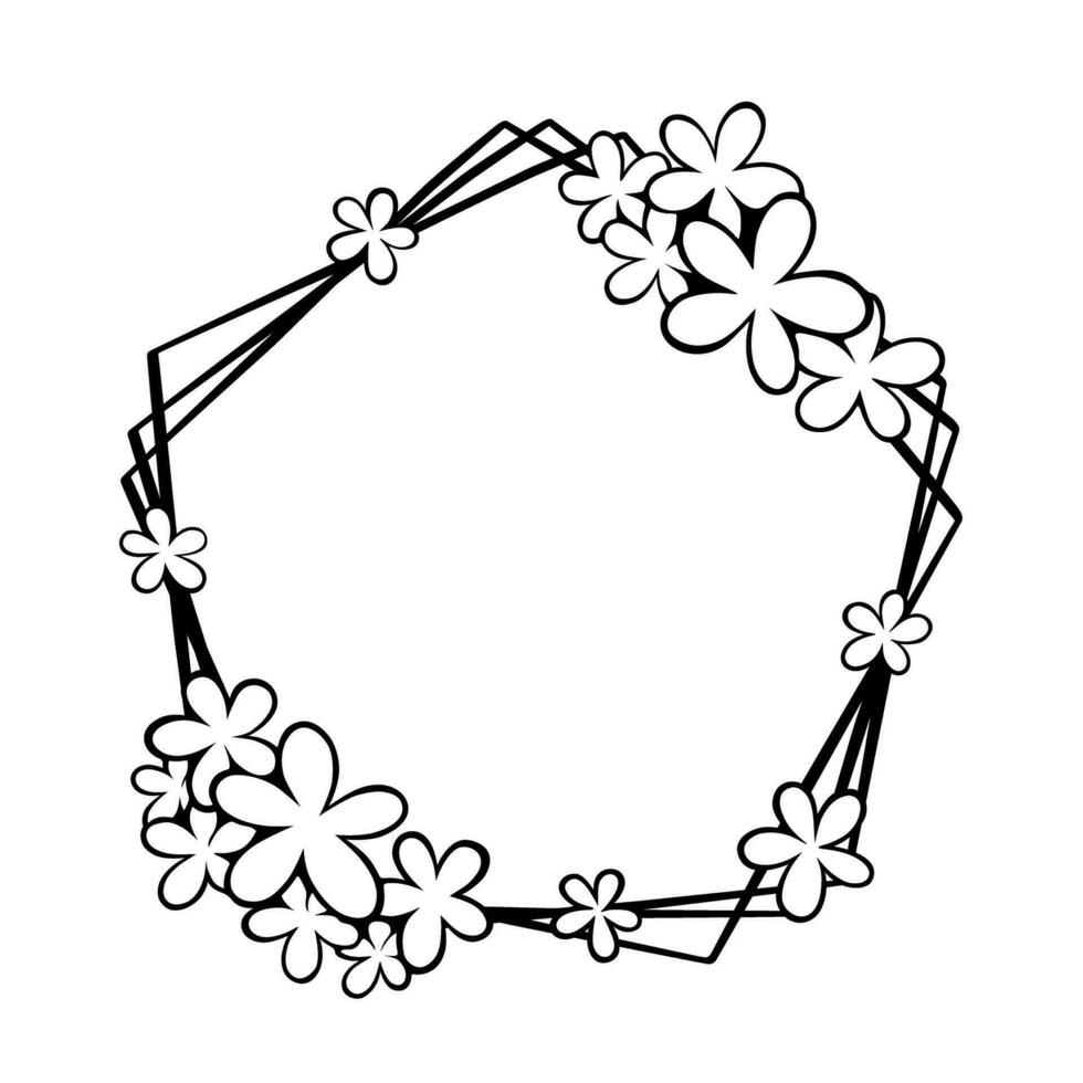 Black line Triple Pentagon Frame with Flowers. Vector illustration for decorate logo, text, wedding, greeting cards and any design.