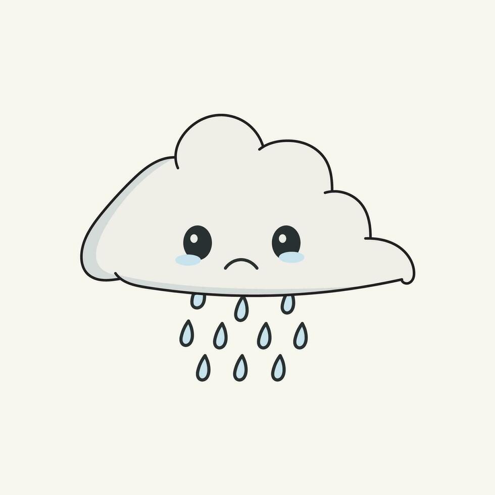 Vector cute cloud with sad face and falling rain drops