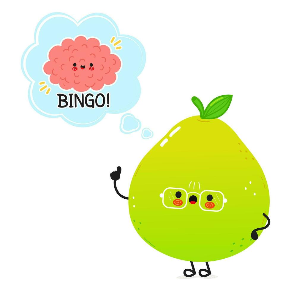 Pomelo with speech bubble and brain character. Vector hand drawn cartoon kawaii character illustration. Isolated white background. Pomelo fruit poster and brain