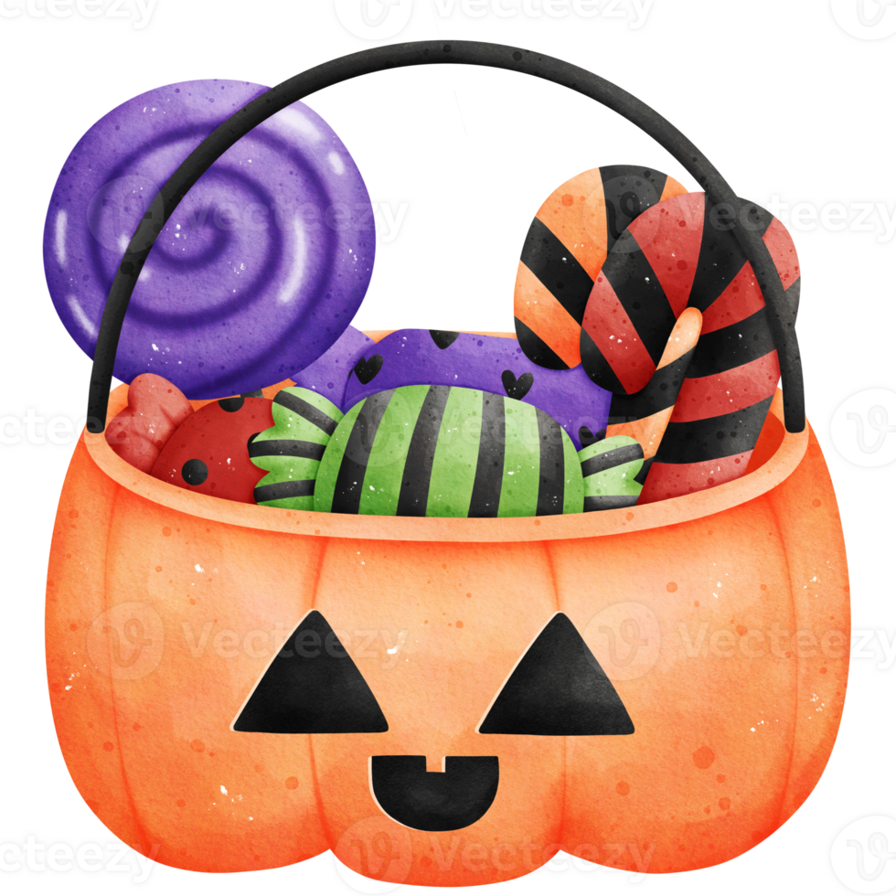 Watercolor Halloween Pumpkin Basket with Candies Illustration png