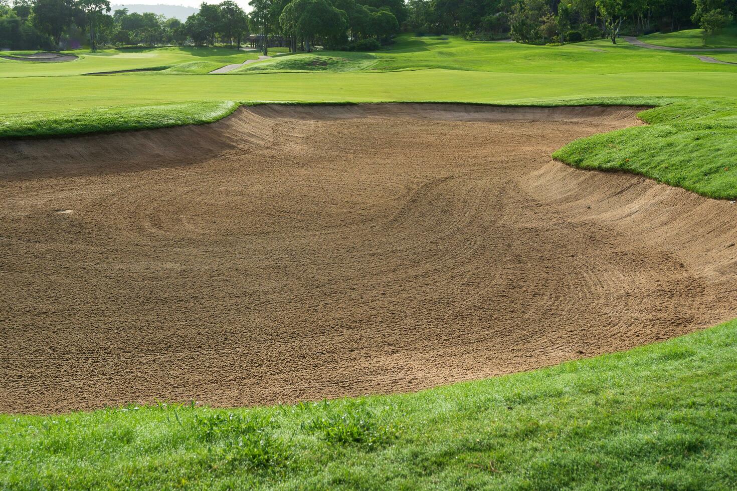 Golf Course Sand Pit Bunkers, green grass surrounding the beautiful sand holes is one of the most challenging obstacles for golfers and adds to the beauty of the golf course. photo