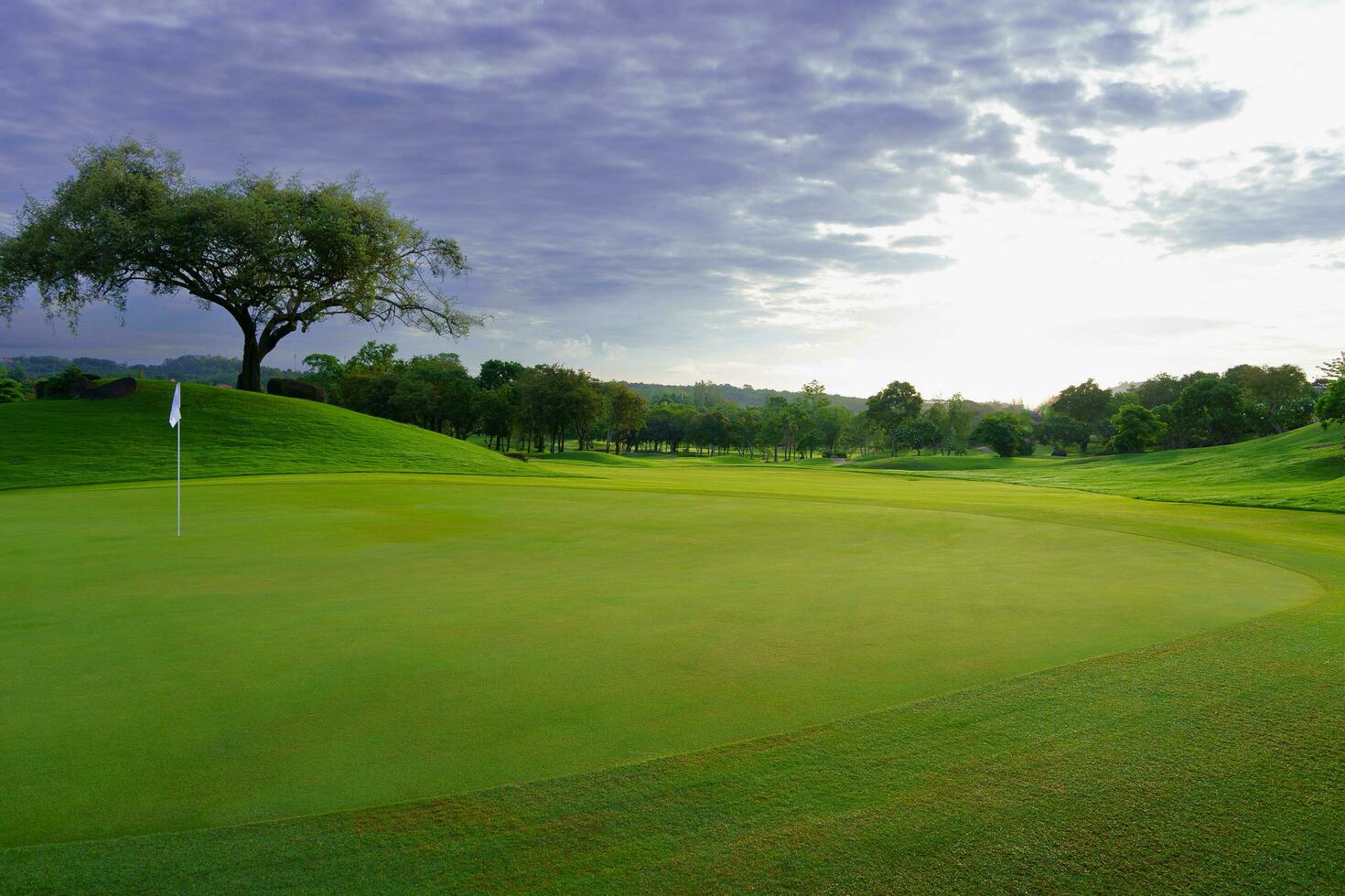 Golf green in the morning sun backlit with flags on the hole against cloudy sky photo