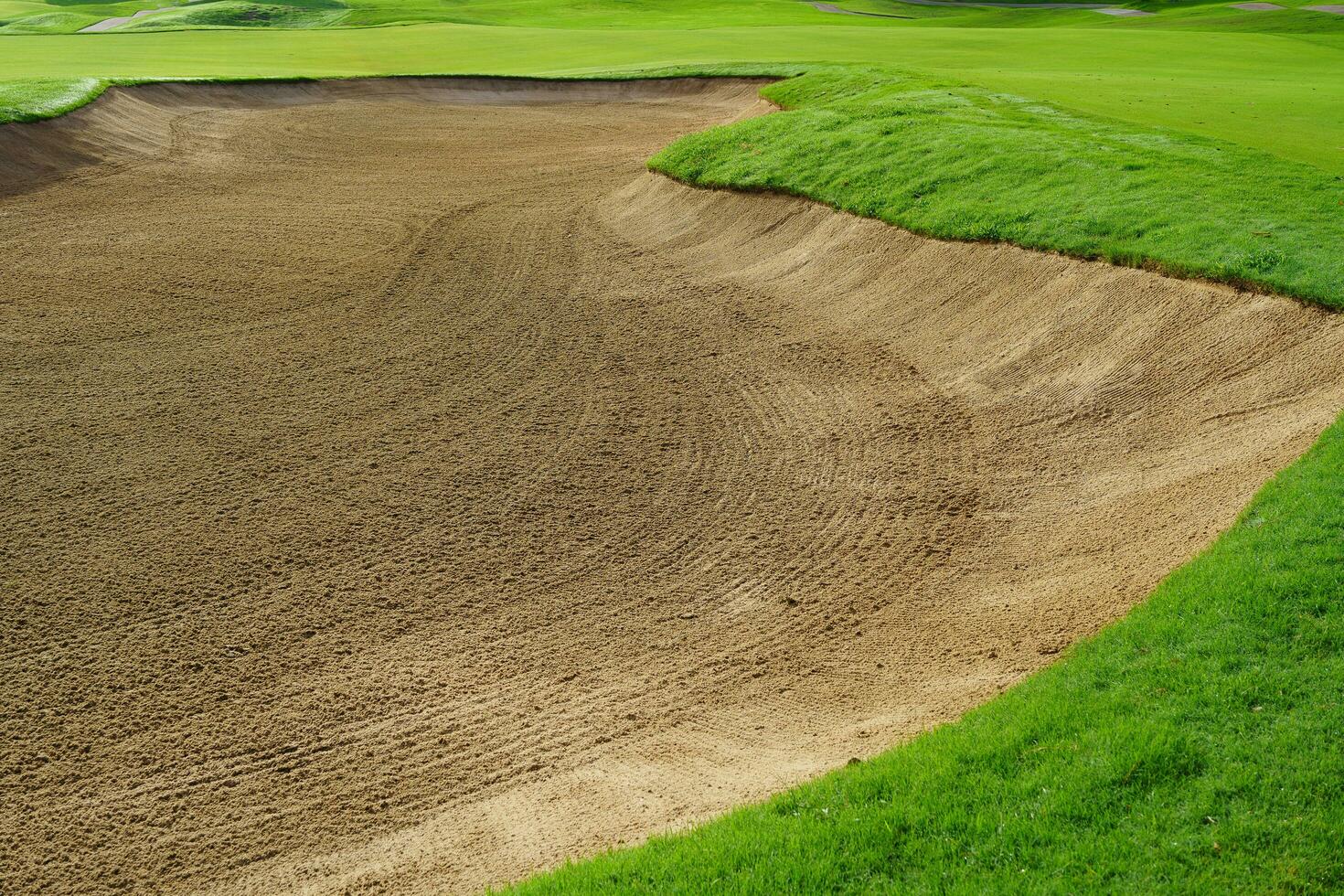 Golf Course Sand Pit Bunkers, green grass surrounding the beautiful sand holes is one of the most challenging obstacles for golfers and adds to the beauty of the golf course. photo