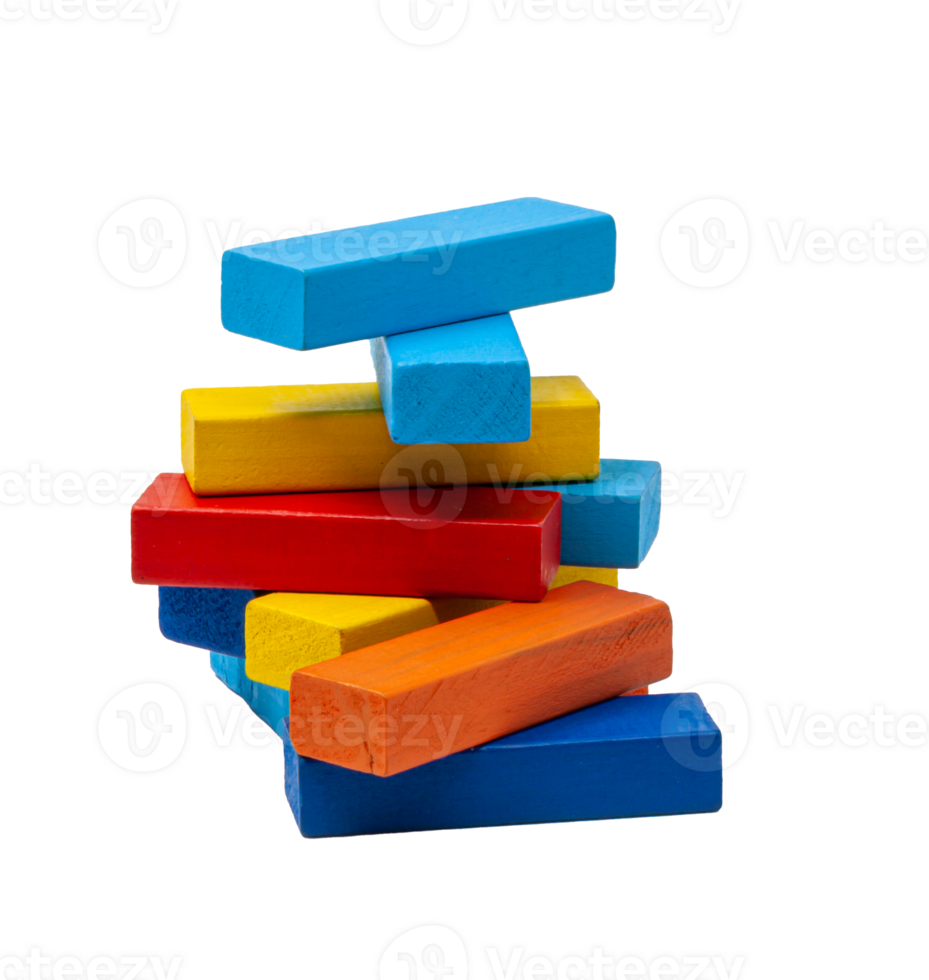 Blue and blue, yellow and red with orange wooden blocks for children's play stand turret. No background. High quality photo. For text. png