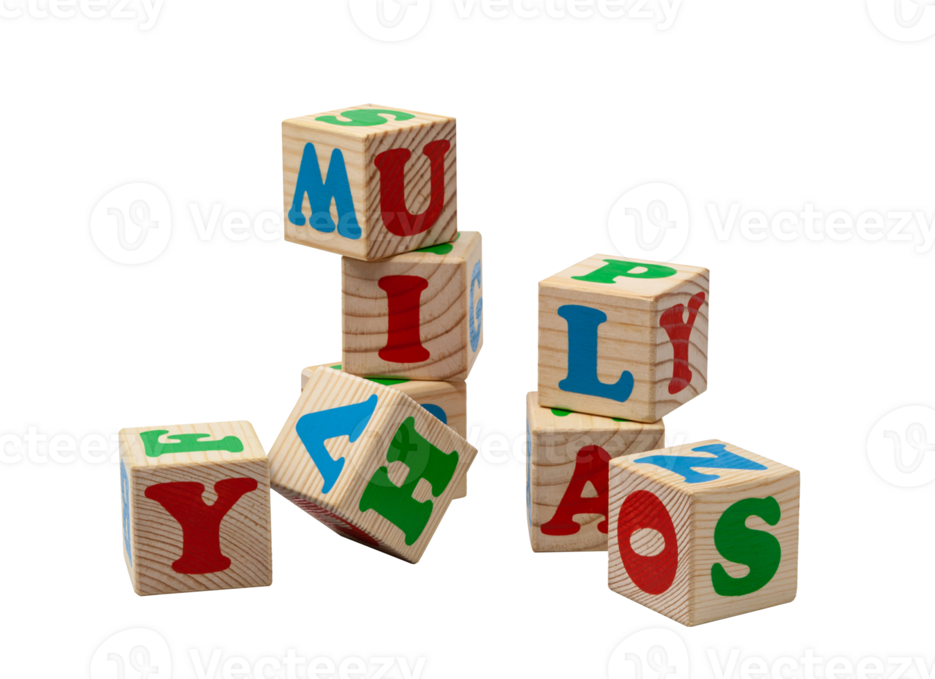 Children's wooden cubes with blue, red and green letters in the shape of a tower stand one on top of the other and lie side by side. No background. High quality photo. png