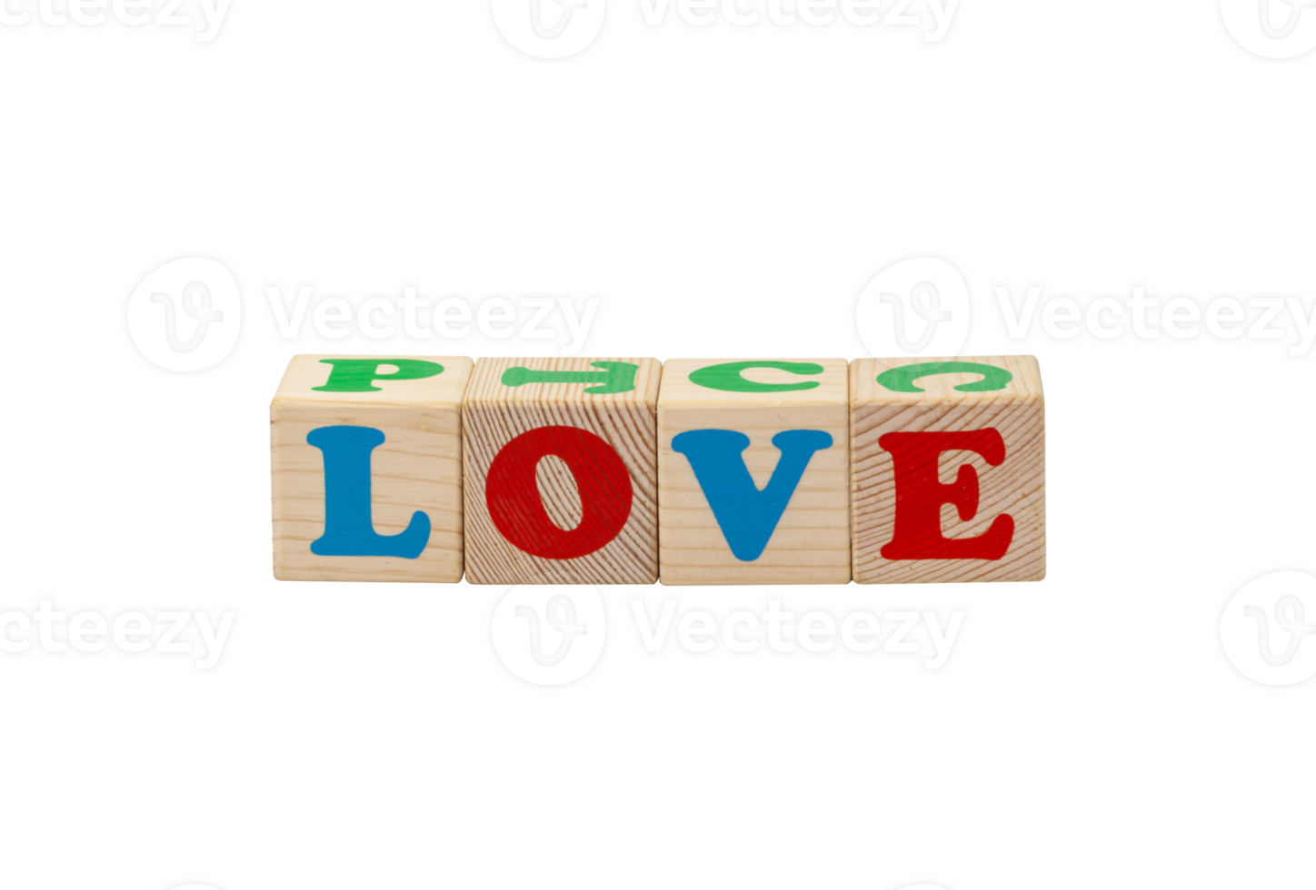 Children's wooden cubes with blue, red and green letters with the word love lying side by side. No background. High quality photo. png