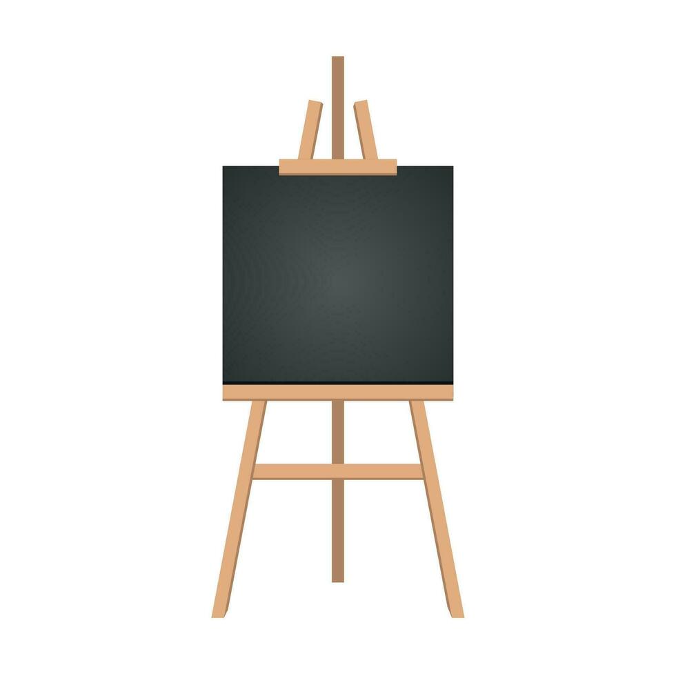Realistic paint desk with blank white canvas. Wooden easel and a sheet of drawing paper. Vector illustration.