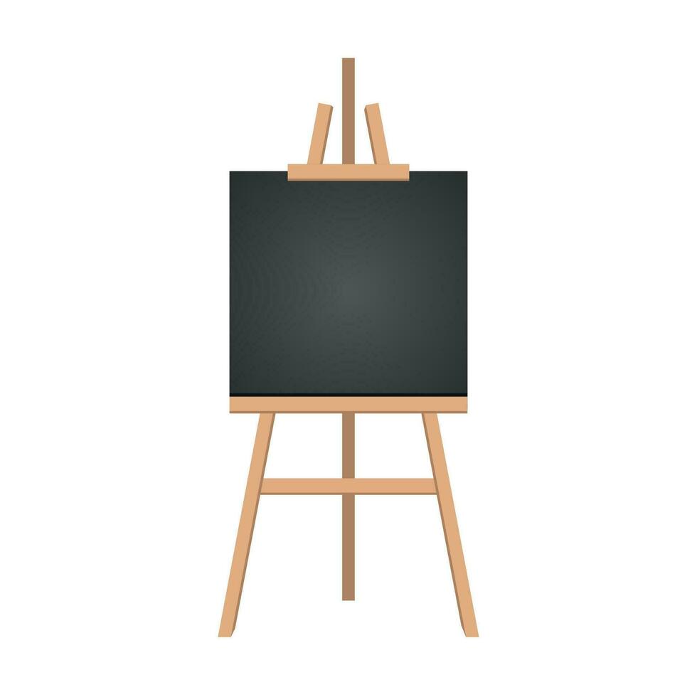 Realistic paint desk with blank white canvas. Wooden easel and a sheet of drawing paper. Vector illustration.