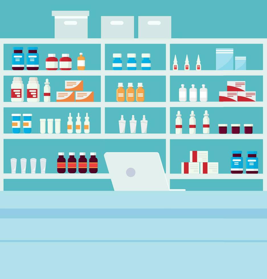 Drugstore interior with showcases design vector illustration