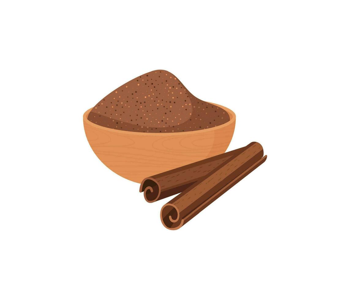 Vector illustration ground cinnamon in a wooden bowl on white background.