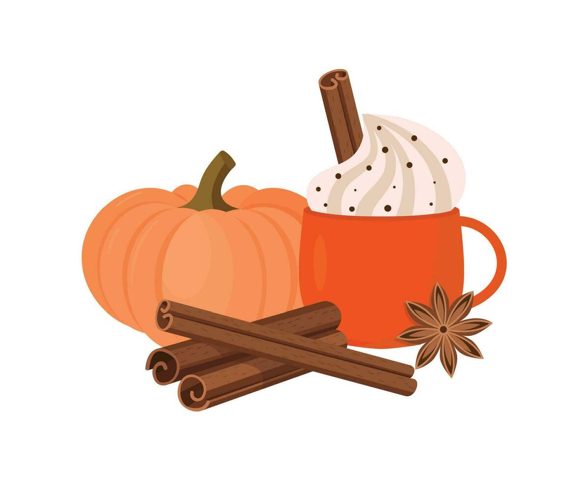 Autumn vector isolated Thanksgiving Pumpkin spice latte. cozy illustration with pumpkin, last mug, cinnamon sticks.