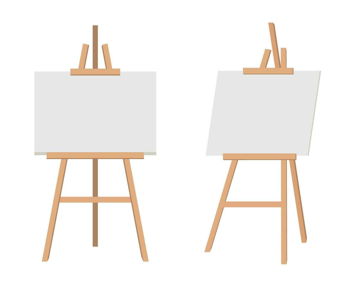 Realistic paint desk with blank white canvas. Wooden easel and a sheet of drawing paper. Vector illustration.