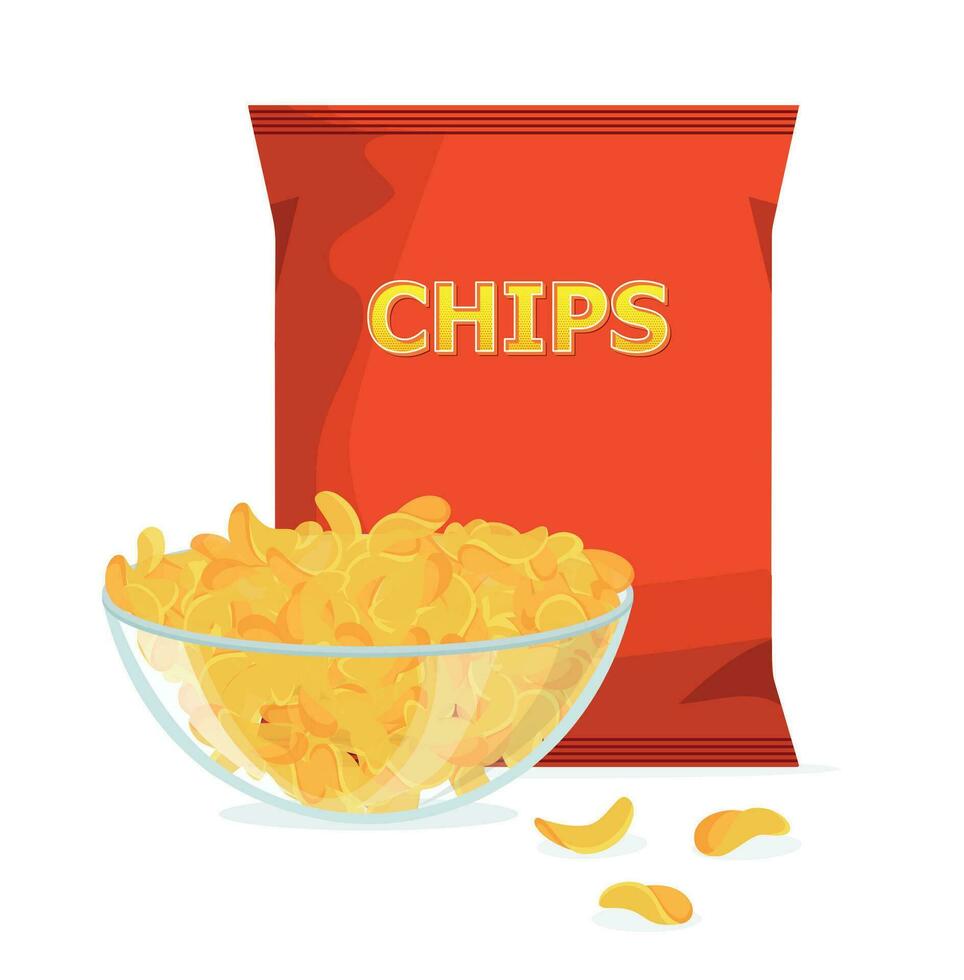 Crispy ripple potato chips flying into pack, vector realistic snacks package. design illustration icon for food and beverage business, potato snack branding element logo vector.