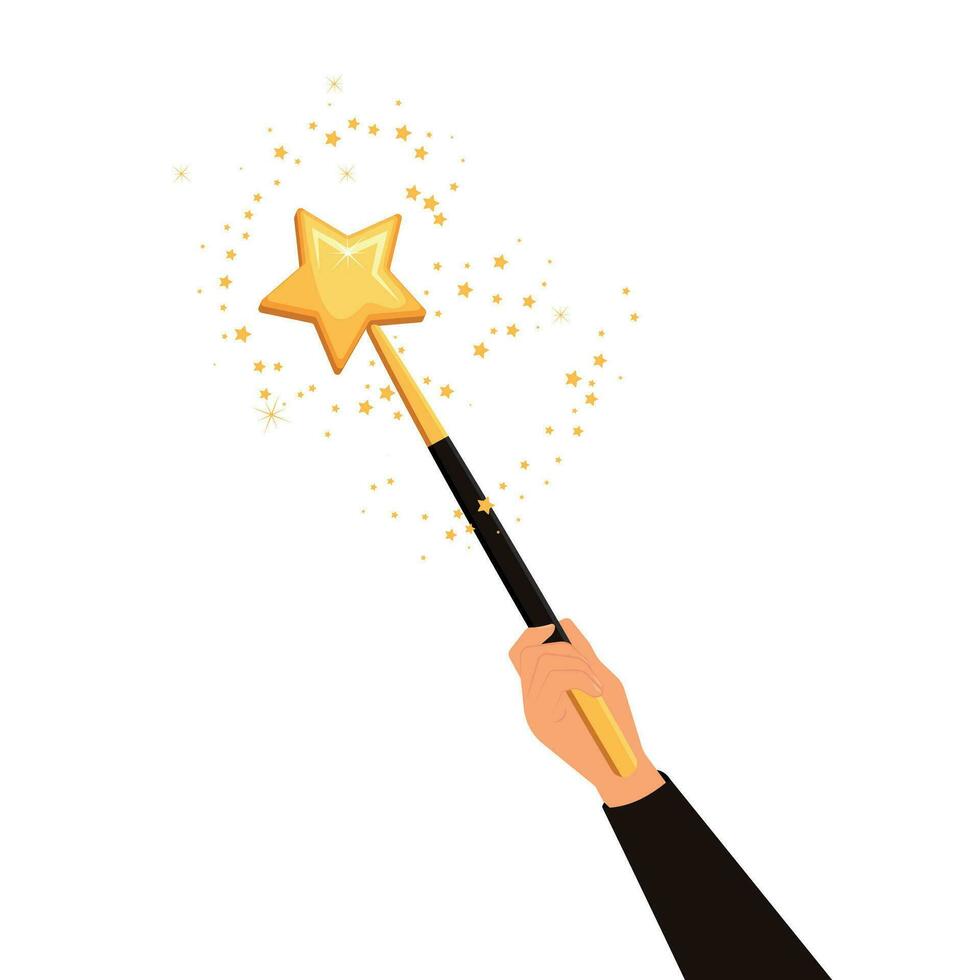 Decorative magic wand in hand with a magic trace. Vector illustration isolated on white background. Web site page and mobile app design