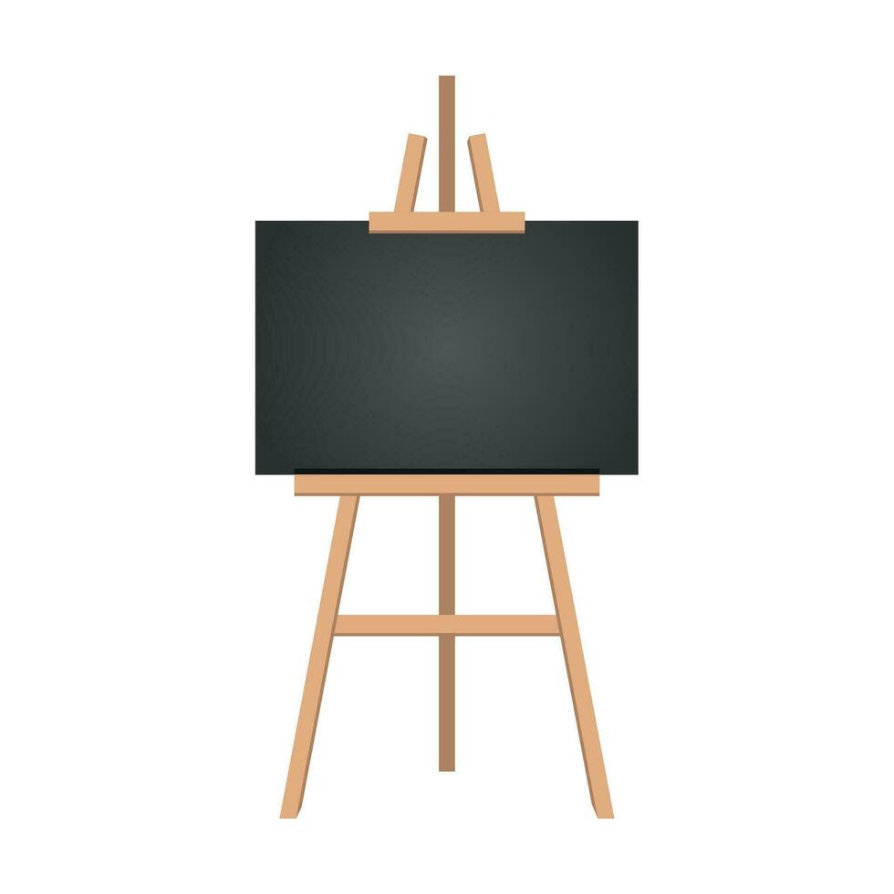 Realistic paint desk with blank white canvas. Wooden easel and a sheet of drawing paper. Vector illustration.