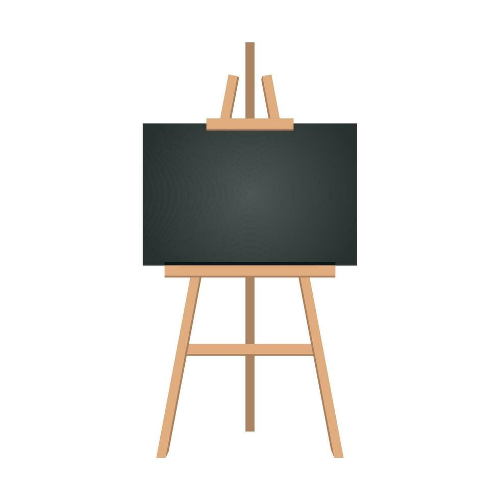 Realistic paint desk with blank white canvas. Wooden easel and a sheet of drawing paper. Vector illustration.