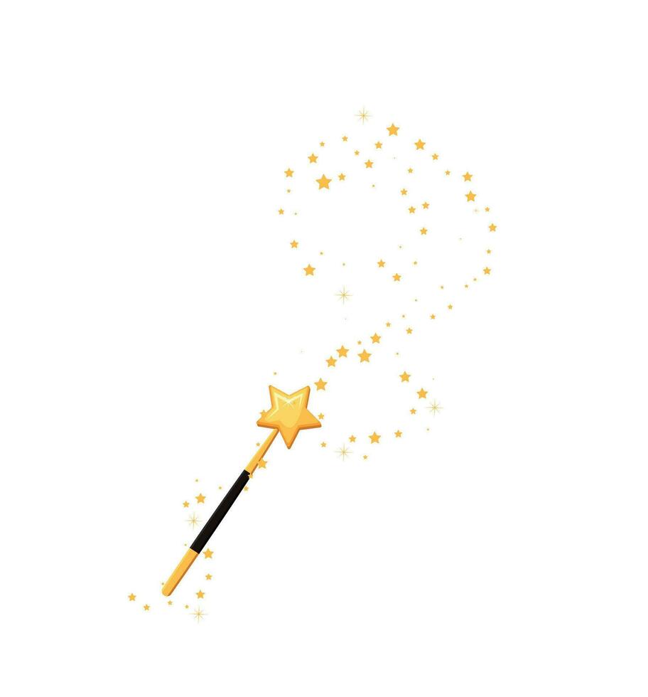 Decorative magic wand with a magic trace. Star shape magic accessory. Magical girl cartoon power. Vector illustration isolated on white background. Web site page and mobile app design