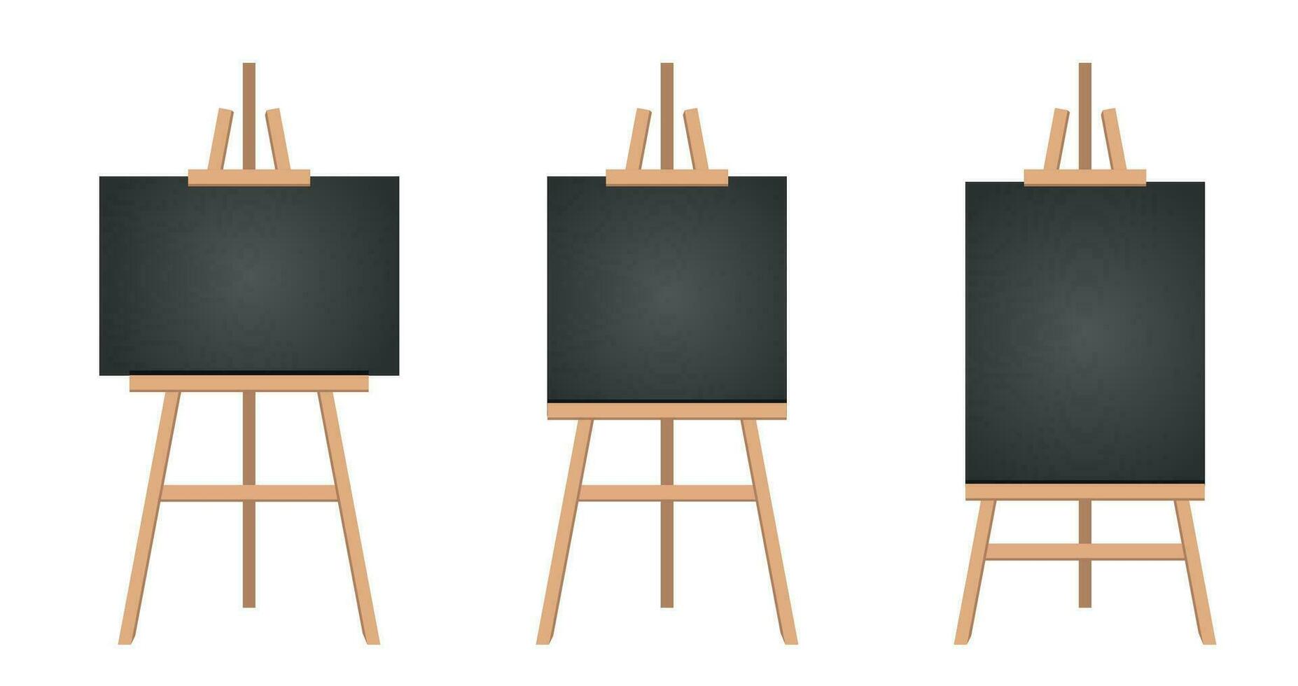 Realistic paint desk with blank white canvas. Wooden easel and a sheet of drawing paper. Vector illustration.