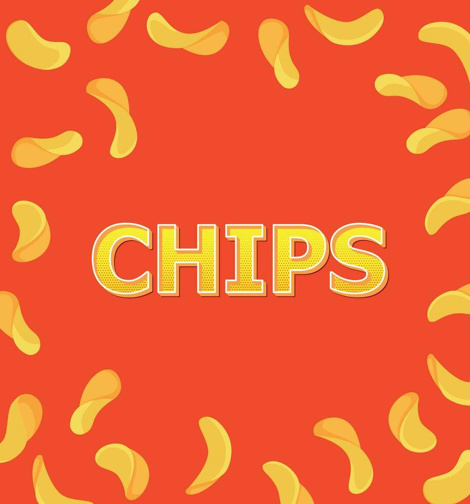 Crispy potato chips background. vector promo poster with crunchy ripple snack pieces. Delicious food advert, crisp meal promotion with wavy chips in pack