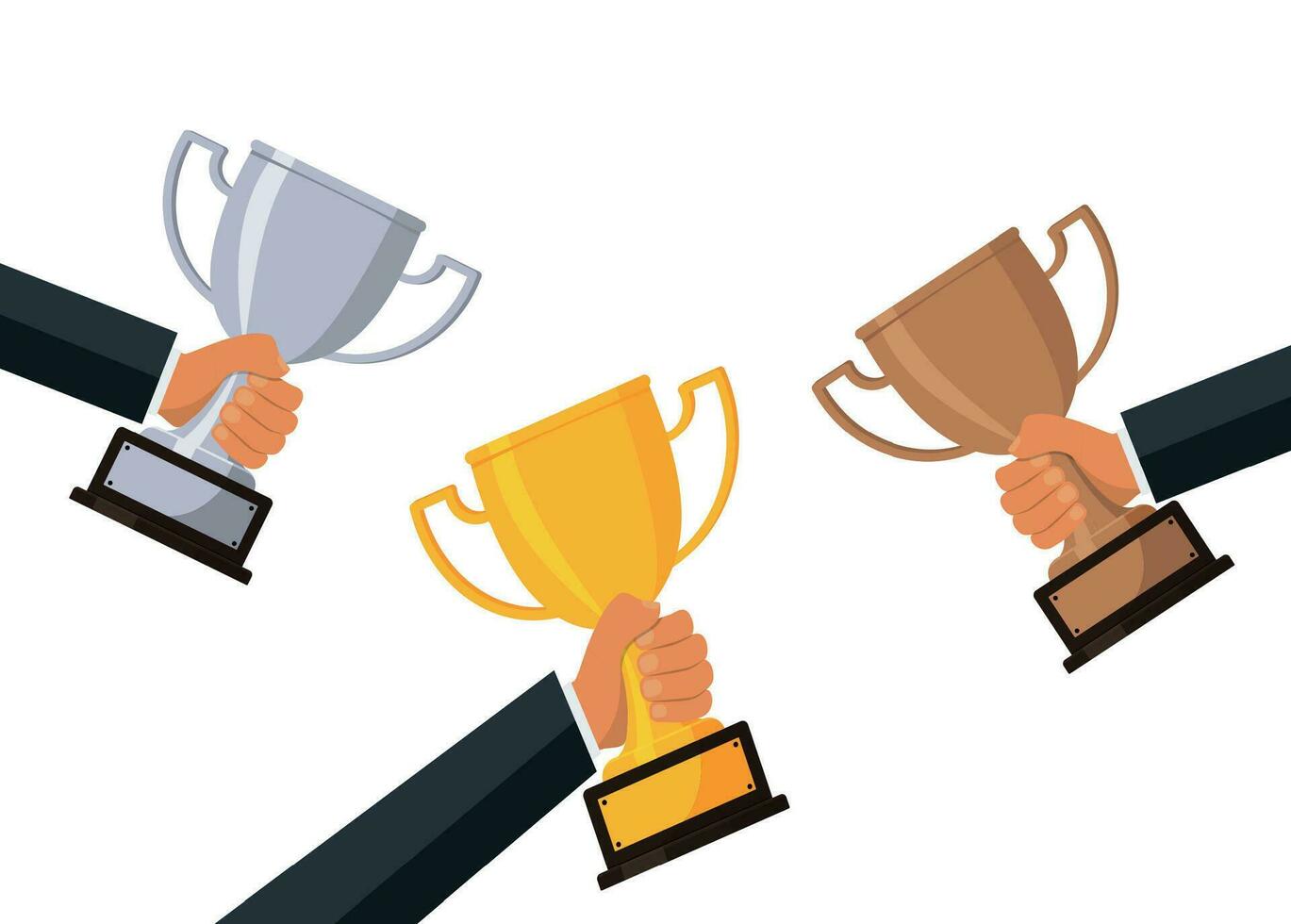 Trophy for winner. hands holding gold silver and bronze winners cup. vector illustration on blue background in flat style