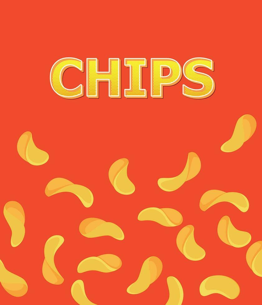 Crispy potato chips background. vector promo poster with crunchy ripple snack pieces. Delicious food advert, crisp meal promotion with wavy chips in pack