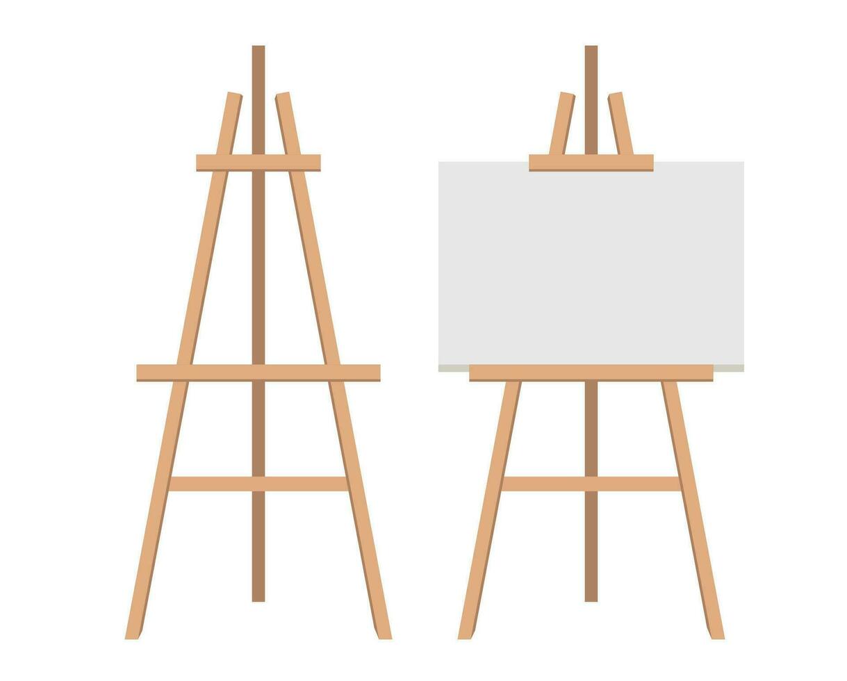 Realistic paint desk with blank white canvas. Wooden easel and a sheet of drawing paper. Vector illustration.