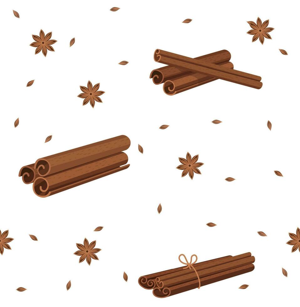 Cinnamon. Seamless pattern with cinnamon sticks bark. For packaging, textile, print, template, card. Vector illustration