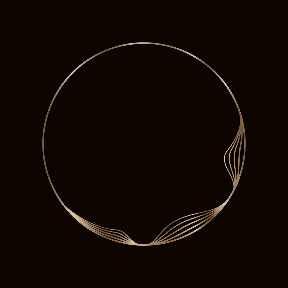 Round golden frame on a black background, golden element in art deco style. Vector abstract linear object