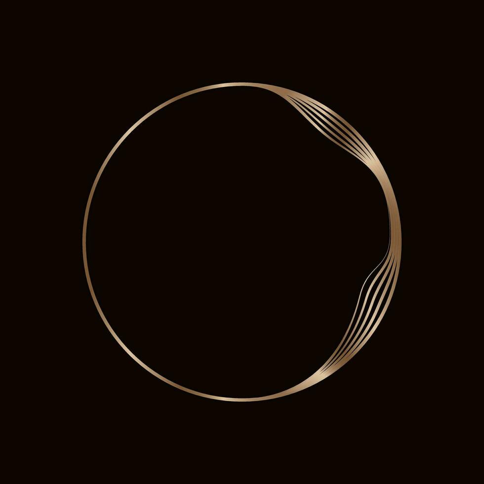 Round golden frame on a black background, golden element in art deco style. Vector abstract linear object