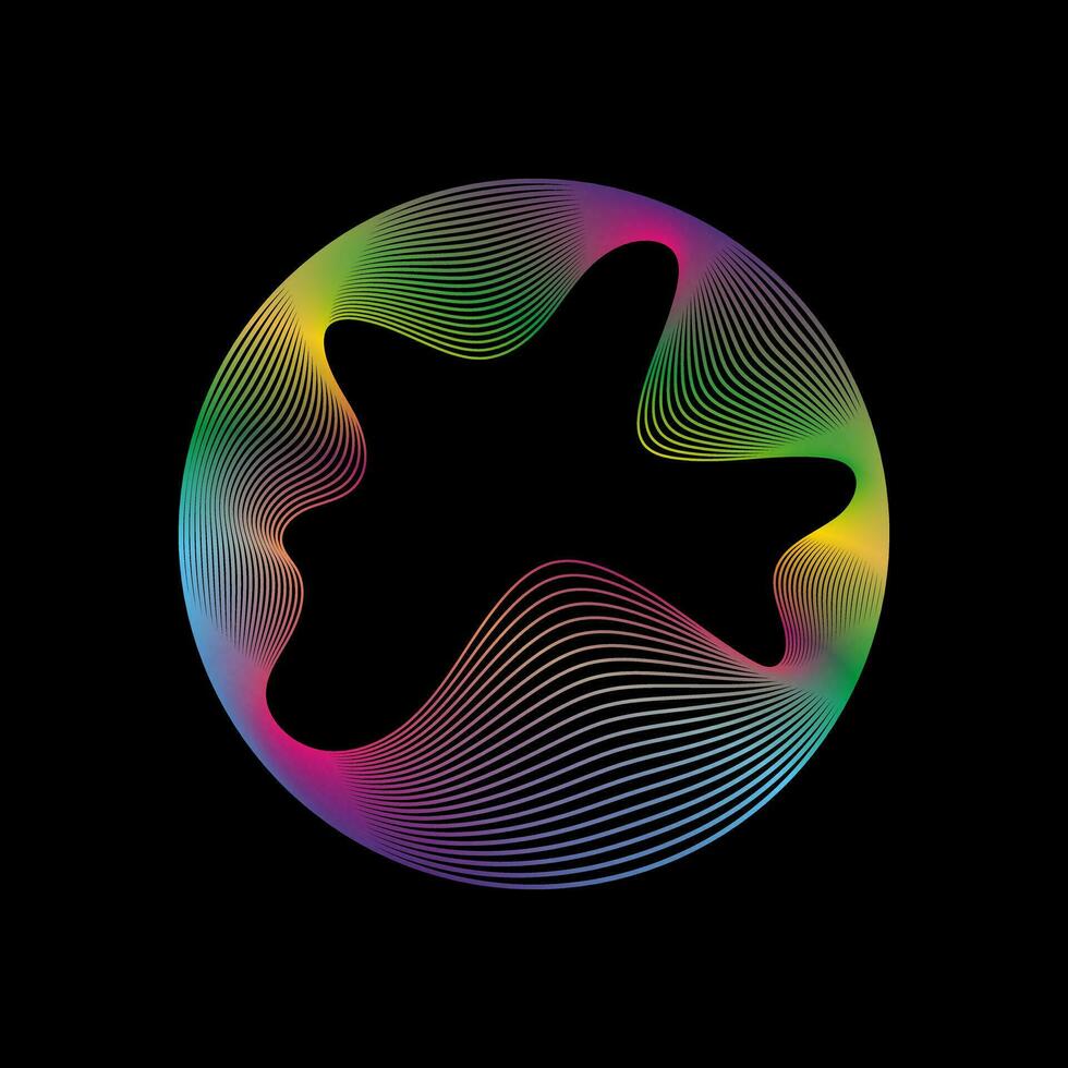 Glowing circle of neon colors of round curved shape with wavy dynamic lines isolated on black background. Circular frame light frame. Concept of future technology. vector