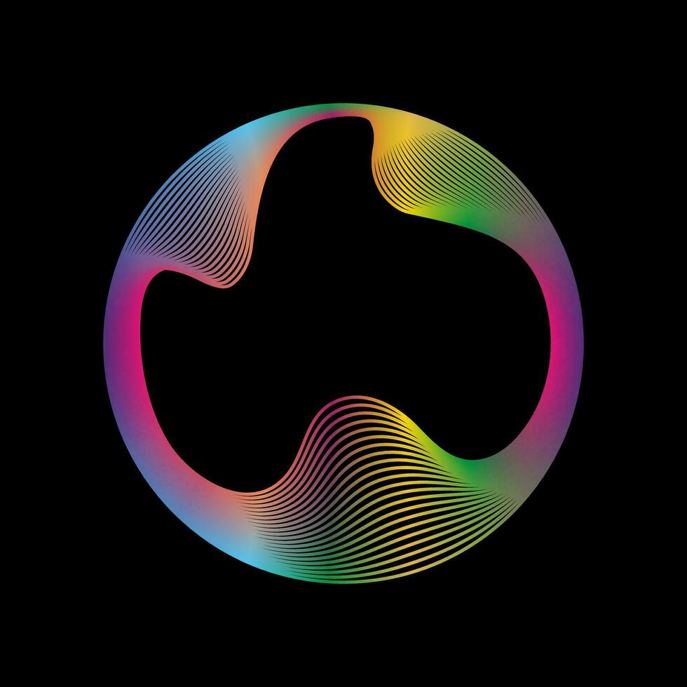 Glowing circle of neon colors of round curved shape with wavy dynamic lines isolated on black background. Circular frame light frame. Concept of future technology. vector