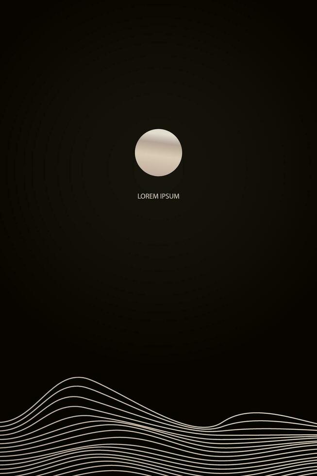 Minimalist landscape golden linear mountains sunset sunrise. Golden sand mountains on dark background, Vector luxury design for wallpaper, poster, banner and wall art