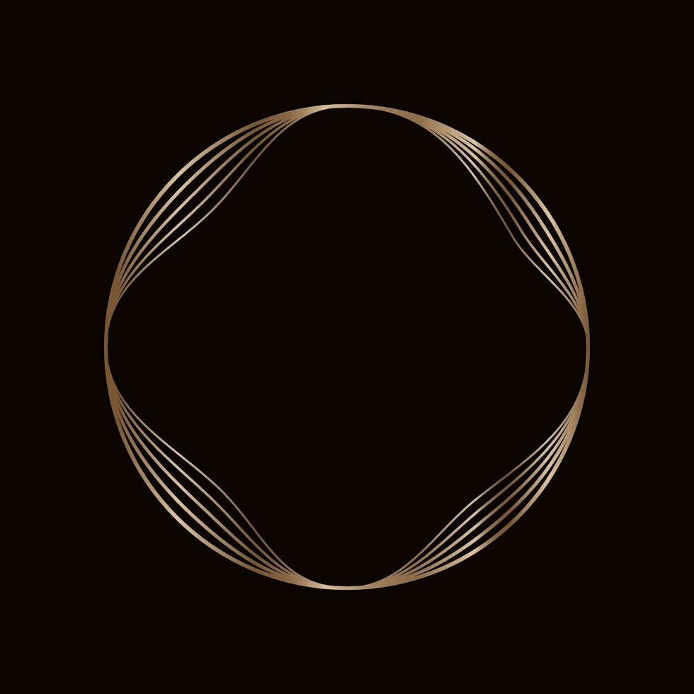 Round golden frame on a black background, golden element in art deco style. Vector abstract linear object