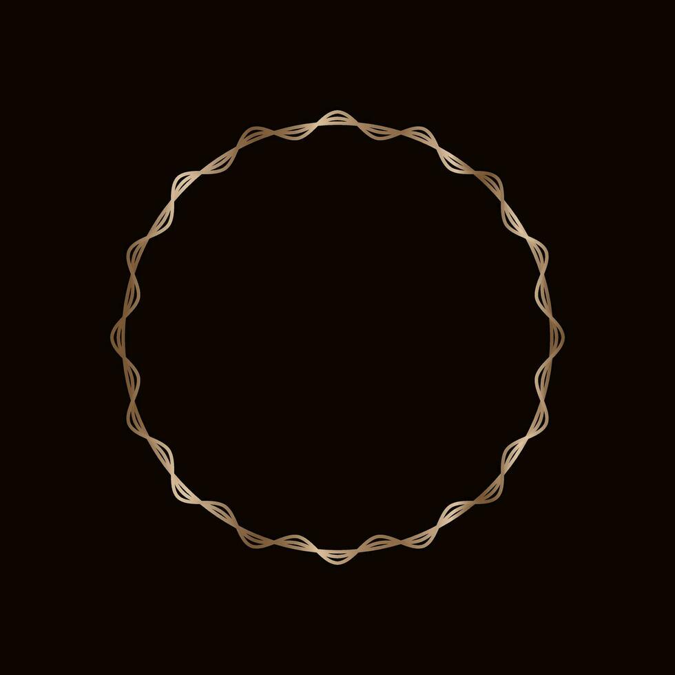 Round golden frame on a black background, golden element in art deco style. Vector abstract linear object