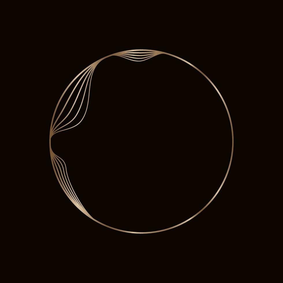 Round golden frame on a black background, golden element in art deco style. Vector abstract linear object