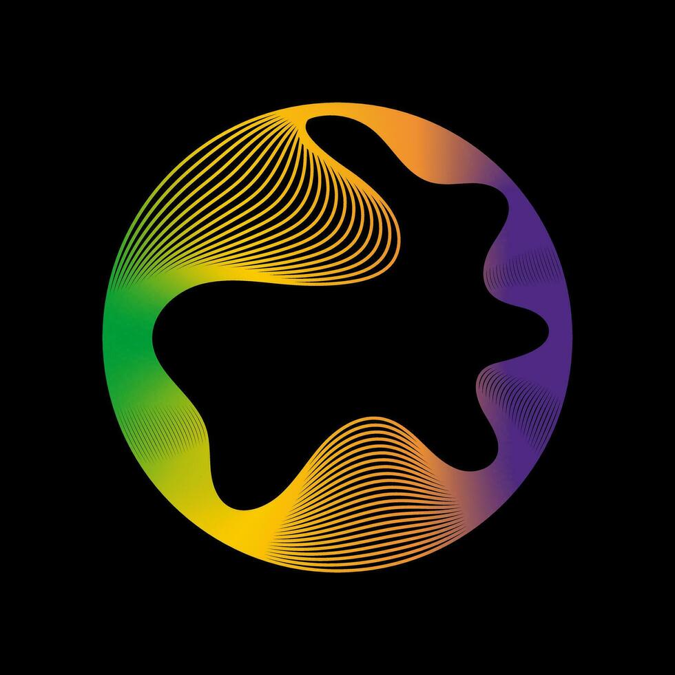 Glowing circle of neon colors of round curved shape with wavy dynamic lines isolated on black background. Circular frame light frame. Concept of future technology. vector