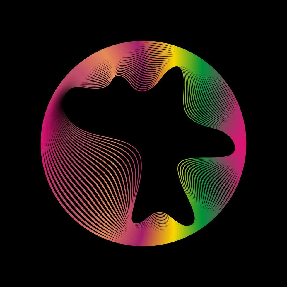 Glowing circle of neon colors of round curved shape with wavy dynamic lines isolated on black background. Circular frame light frame. Concept of future technology. vector