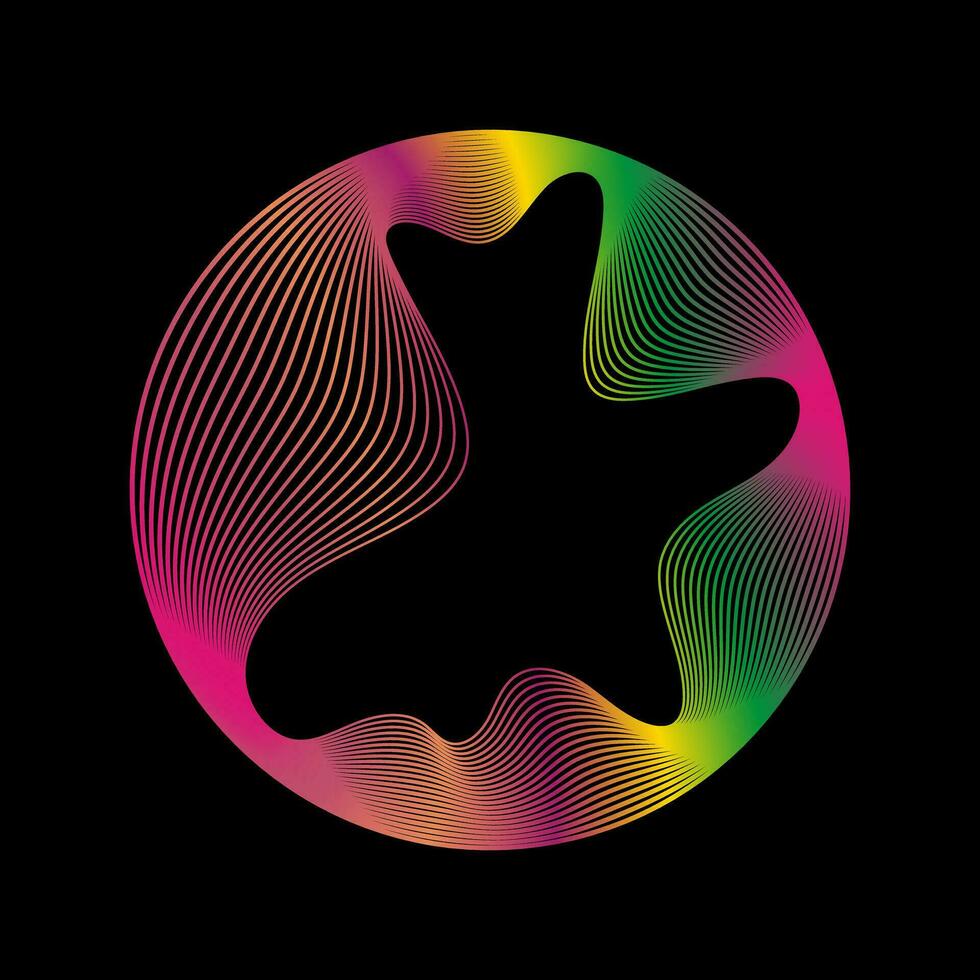 Glowing circle of neon colors of round curved shape with wavy dynamic lines isolated on black background. Circular frame light frame. Concept of future technology. vector