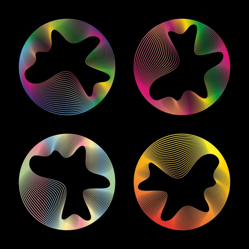 Set of neon colored round curve glowing circles with wavy dynamic lines isolated on black background. Circular frame light frame. Concept of future technology vector