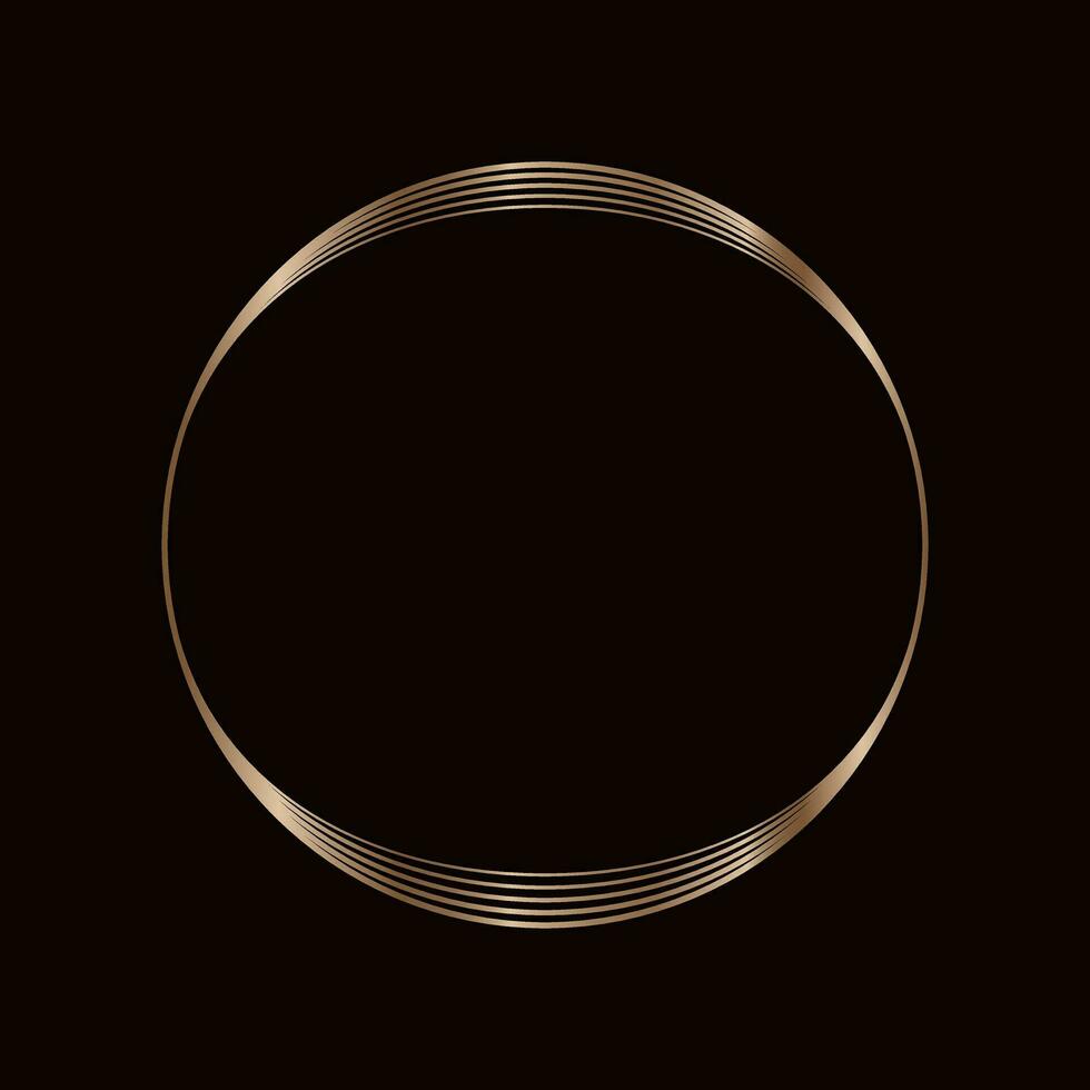 Round golden frame on a black background, golden element in art deco style. Vector abstract linear object