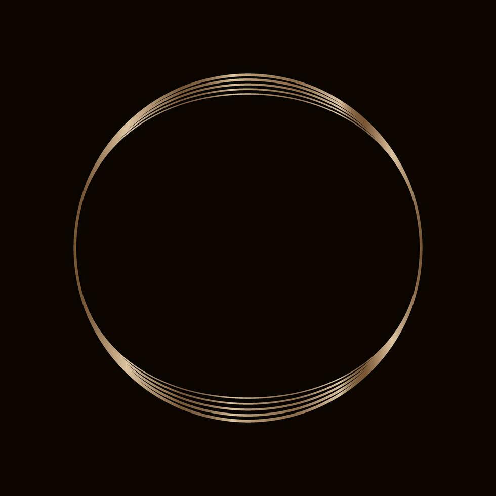 Round golden frame on a black background, golden element in art deco style. Vector abstract linear object