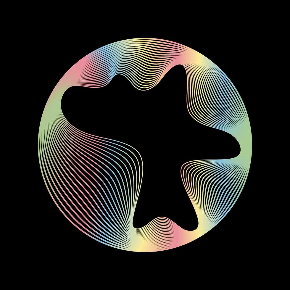 Glowing circle of neon colors of round curved shape with wavy dynamic lines isolated on black background. Circular frame light frame. Concept of future technology. vector